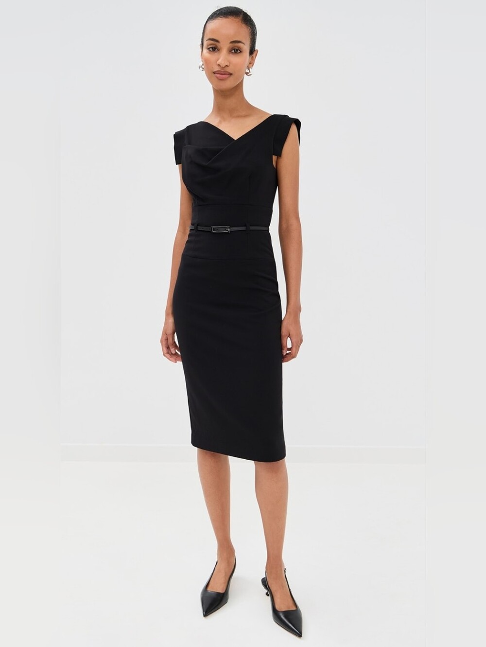 NWT Black Halo Jackie in Black Stretch Gabardine Belted Sheath Dress 8 $375 - Picture 2 of 11